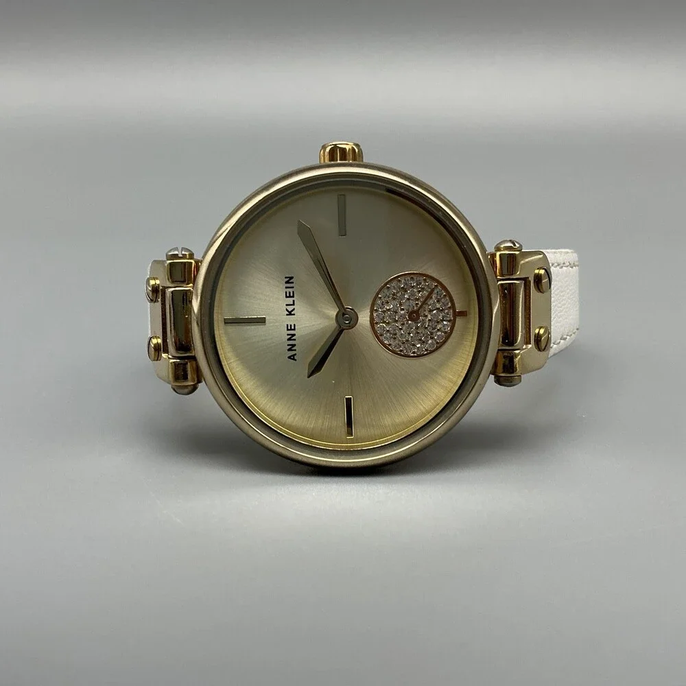 Anne Klein Womens Watch 34mm White Leather Gold Tone AK/3380 New Battery
